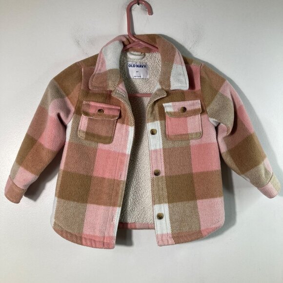 Girls Old Navy Buffalo Plaid Shacket Pink Tan 4T Polyester Acrylic Nylon Wool Ot - Picture 1 of 8